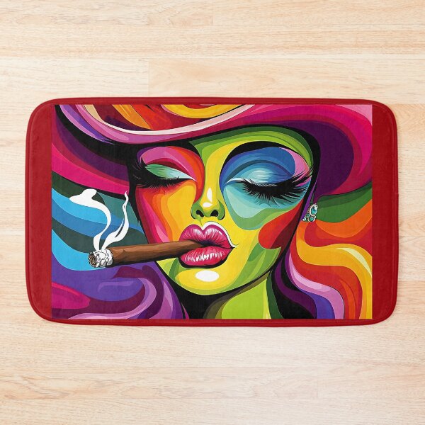 Item preview, Stylish Femme Fatale with Bold Red Lips and a Hat Confidently Smoking a Cigar Digital Abstract Art designed and sold by OlfactoART Studio.
