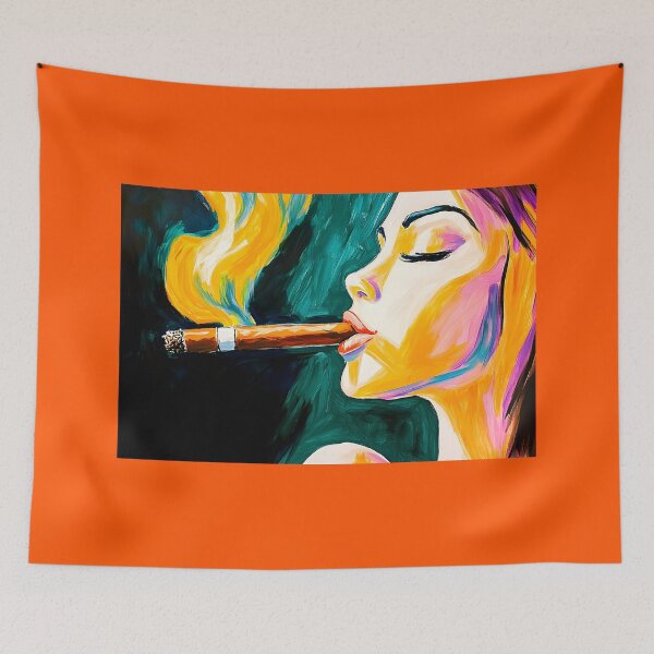 Item preview, Woman Smoking Large Cigar with Closed Eyes and Swirling Smoke in Bold, Vivid Colors designed and sold by OlfactoART Studio.