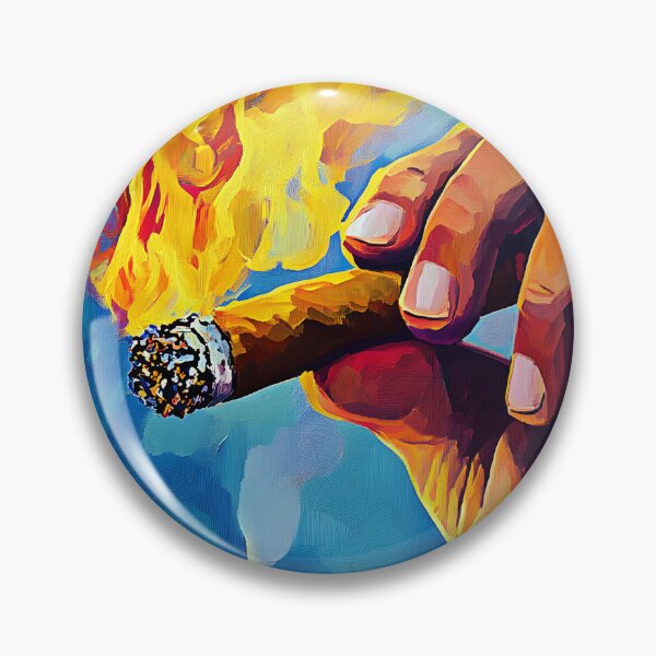 Artikelvorschau, Feurige Zigarre in einer starken Hand mit lebhaften Flammen und wirbelndem blauen Rauch entworfen und verkauft von OlfactoART Studio.