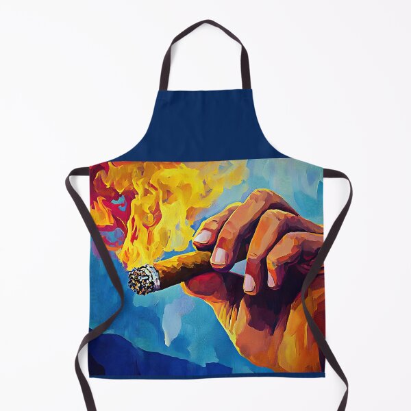 Artikelvorschau, Feurige Zigarre in einer starken Hand mit lebhaften Flammen und wirbelndem blauen Rauch entworfen und verkauft von OlfactoART Studio.