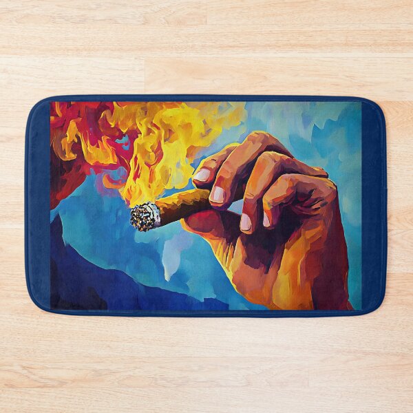 Artikelvorschau, Feurige Zigarre in einer starken Hand mit lebhaften Flammen und wirbelndem blauen Rauch entworfen und verkauft von OlfactoART Studio.
