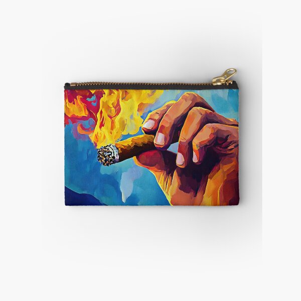Artikelvorschau, Feurige Zigarre in einer starken Hand mit lebhaften Flammen und wirbelndem blauen Rauch entworfen und verkauft von OlfactoART Studio.