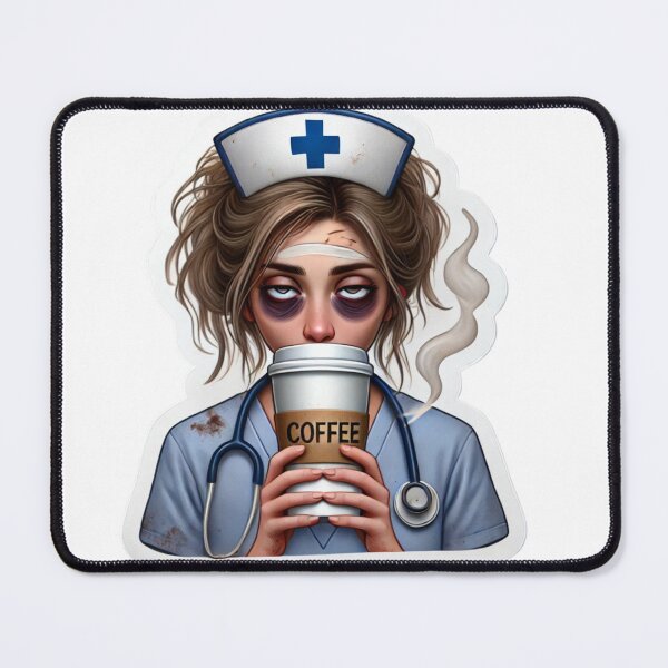 Item preview, "Exhausted Nurse Clutching Coffee in Relief" designed and sold by ForFamily1120.