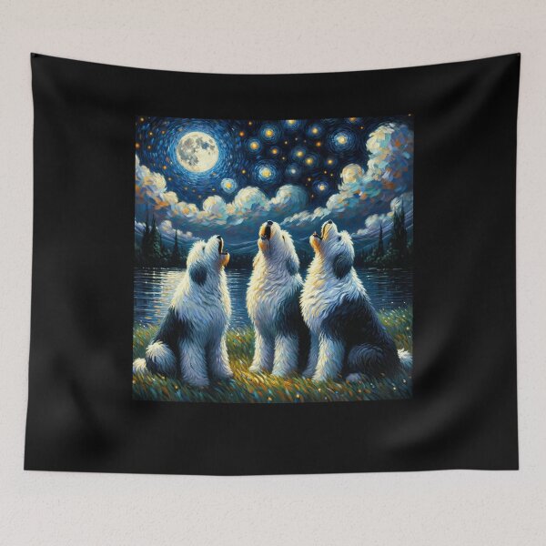 Item preview, Starry Night Three Old English Sheepdogs Howling at Moon Dog Lover designed and sold by Kimberley King Art  King Art.