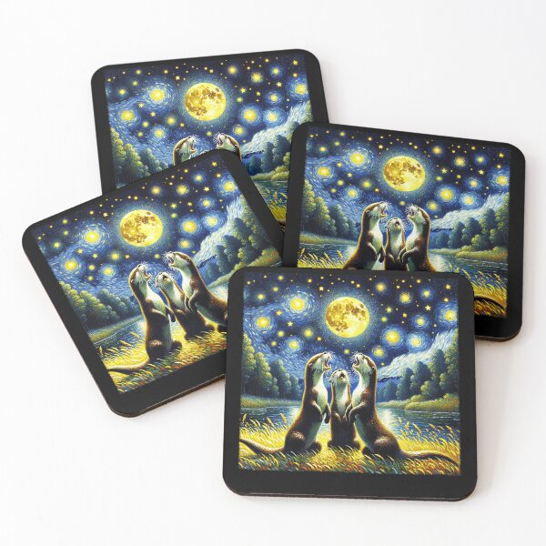 Item preview, Starry Night Three Otters Howling at Moon Van Gogh Lover designed and sold by Kimberley King Art  King Art.