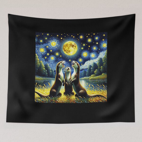Item preview, Starry Night Three Otters Howling at Moon Van Gogh Lover designed and sold by Kimberley King Art  King Art.