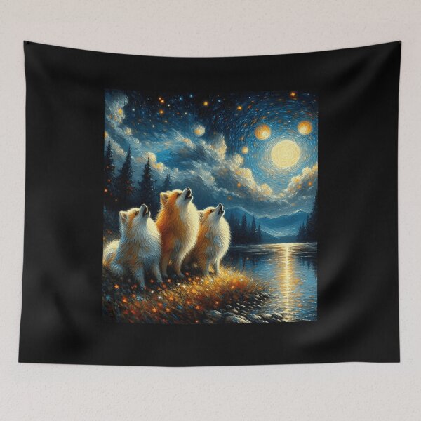 Item preview, Starry Night Three Pomeranians Howling at Moon Dog Lover designed and sold by Kimberley King Art  King Art.