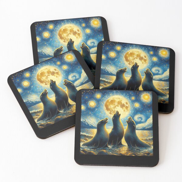 Item preview, Starry Night Three Seals Howling at Moon Van Gogh Lover designed and sold by Kimberley King Art  King Art.