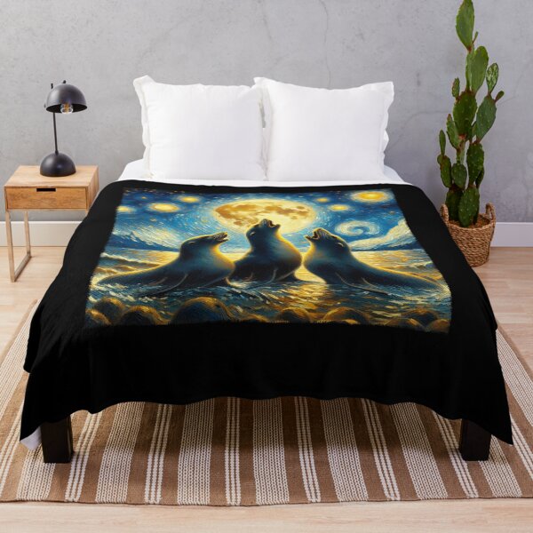 Item preview, Starry Night Three Seals Howling at Moon Van Gogh Lover designed and sold by Kimberley King Art King Art.