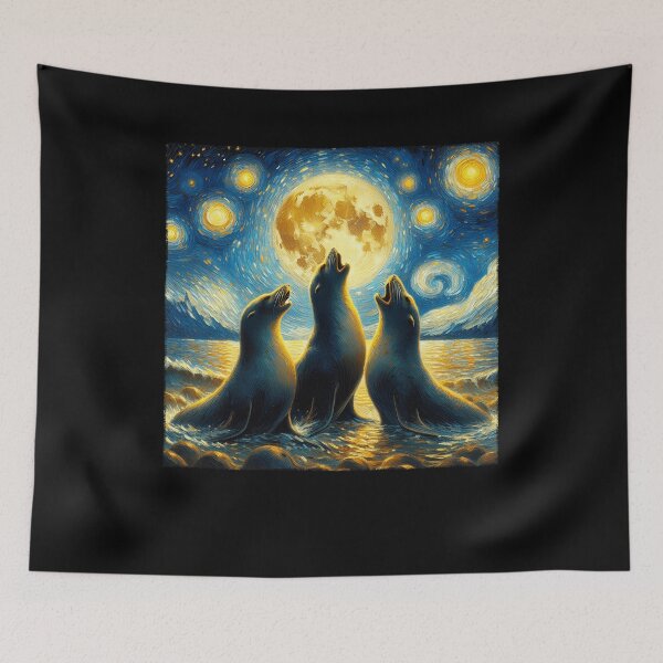Item preview, Starry Night Three Seals Howling at Moon Van Gogh Lover designed and sold by Kimberley King Art  King Art.