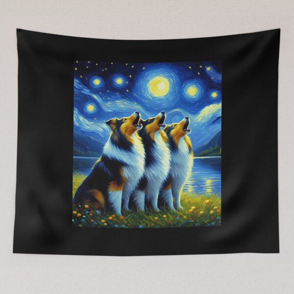 Item preview, Starry Night Three Shetland Sheepdogs Howling at Moon Dog Lover designed and sold by Kimberley King Art  King Art.
