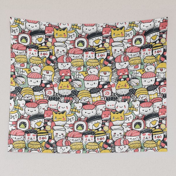 Item preview, Quirky cat illustrations merge with vibrant sushi motifs designed and sold by Piotrek0001.