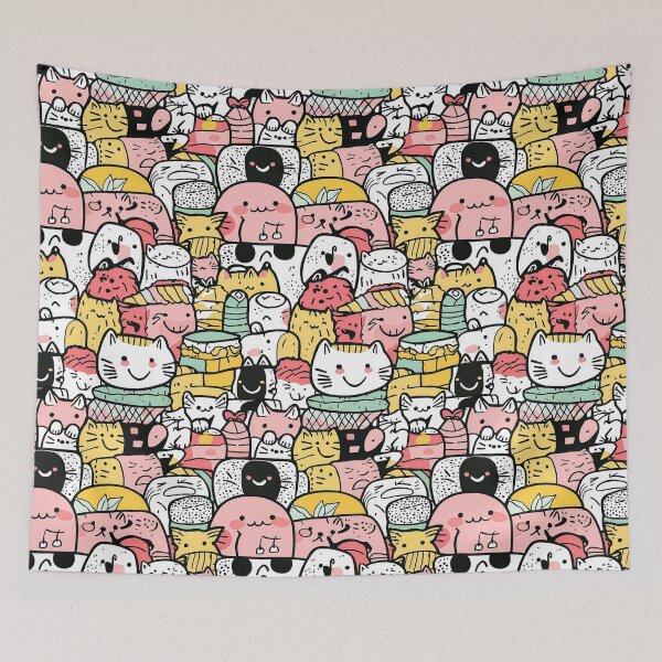 Item preview, Colorful doodle art blending cats and tasty sushi designed and sold by Piotrek0001.