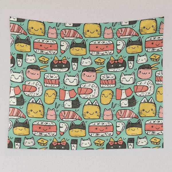 Item preview, Whimsical doodle scenes blending cats and sushi dreams designed and sold by Piotrek0001.