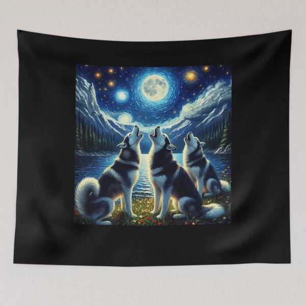 Item preview, Starry Night Three Siberian Huskies Howling at Moon Dog Lover designed and sold by Kimberley King Art  King Art.