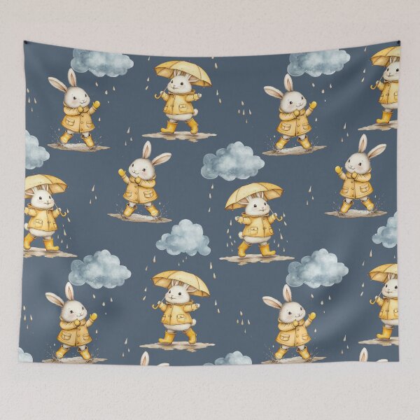 Item preview, Rainy days for bunny rabbits in yellow raincoat and boots umbrella designed and sold by Milatoo.