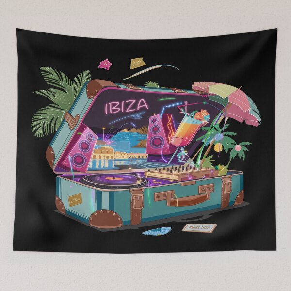 Item preview, Ibiza Techno Music - "Ibiza Adventure Suitcase – Retro Cartoon Travel " designed and sold by stickercuffs.