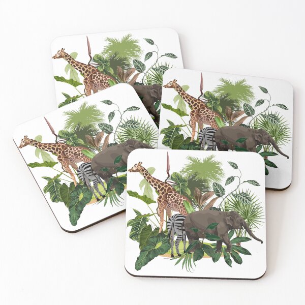 Item preview, Graceful giraffe, zebra, elephant and tropical flowers palm leaves composition.  designed and sold by MatyKotiv.