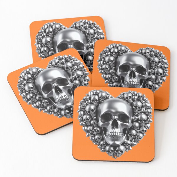 Item preview, Bright Silver Skulls, Big Pattern, Pumpkin Orange Background designed and sold by GaborSkeleton.