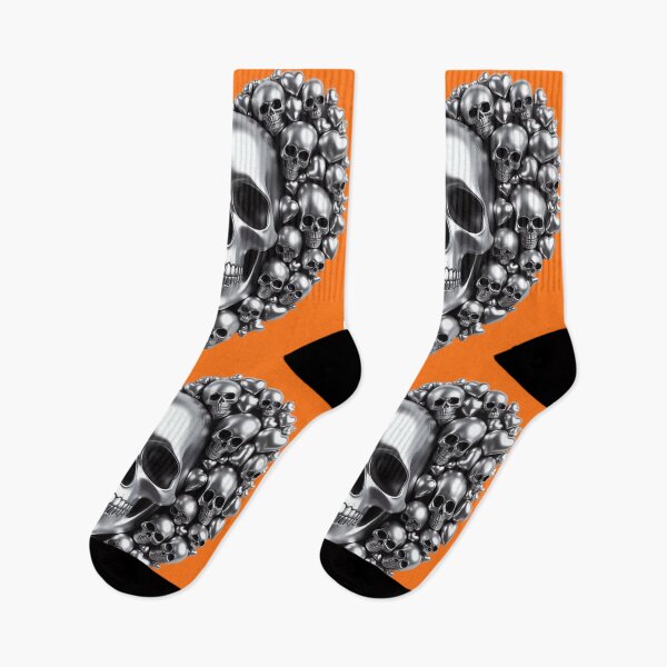Item preview, Bright Silver Skulls, Big Pattern, Pumpkin Orange Background designed and sold by GaborSkeleton.