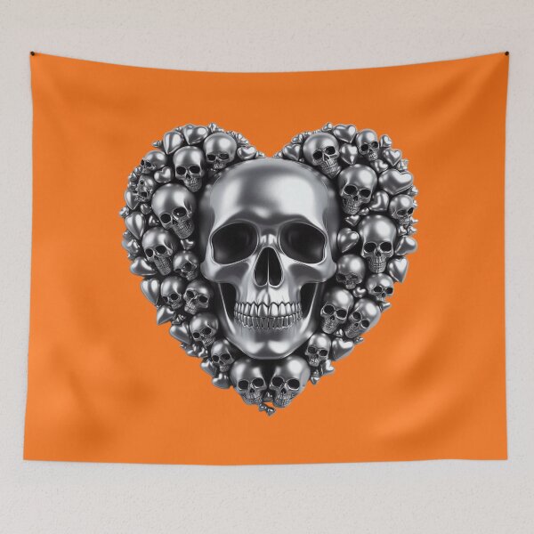 Item preview, Bright Silver Skulls, Big Pattern, Pumpkin Orange Background designed and sold by GaborSkeleton.