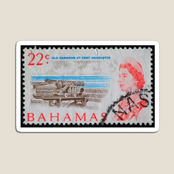 Aperçu de l'œuvre Timbre-poste des canons du Fort Charlotte aux Bahamas et de la reine Elizabeth créée et vendue par Photopat.