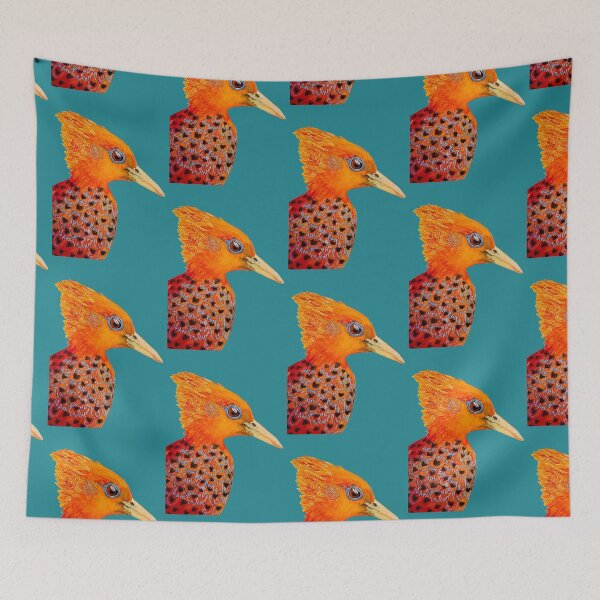 Item preview, Watercolour of chestnut woodpecker with beautiful orange tones on a dark emerald background, hand painted then scanned designed and sold by art-elodie-g.