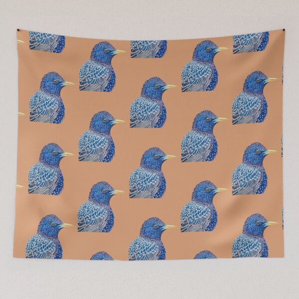 Item preview, Watercolor painting of a starling with blue and iridescent tones and a beige background designed and sold by art-elodie-g.
