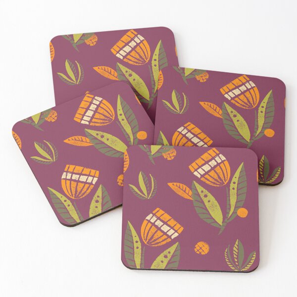 Item preview, Beautiful handprinted flower pattern in green and orange on purple designed and sold by KOUZZA.