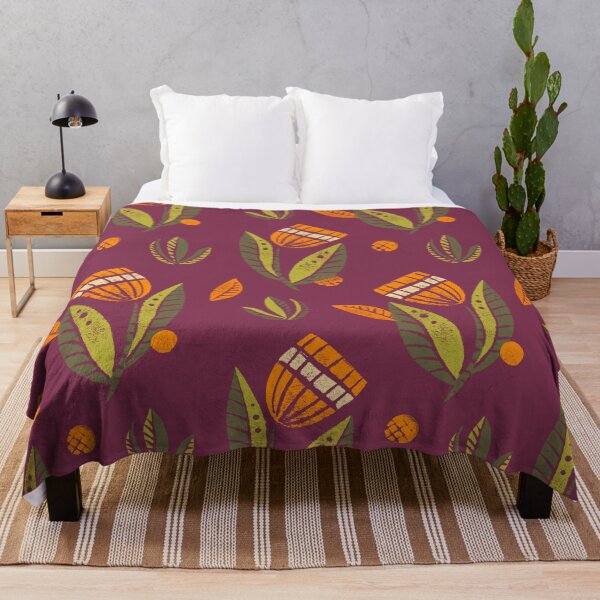 Item preview, Beautiful handprinted flower pattern in green and orange on purple designed and sold by KOUZZA.