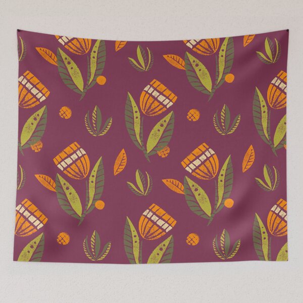 Item preview, Beautiful handprinted flower pattern in green and orange on purple designed and sold by KOUZZA.