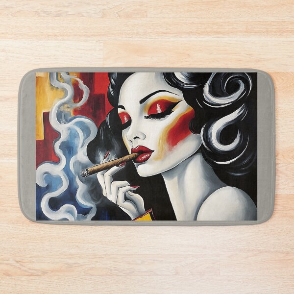 Item preview, Cigar Art Depicting a Stylish Woman with Bold Red Lips Enjoying a Smoke Against Vivid Abstract Background Digital AI Art designed and sold by OlfactoART Studio.