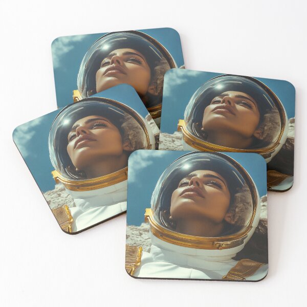 Item preview, A woman in a spacesuit gazes upward, surrounded by rocky terrain and a bright blue sky with wispy clouds, capturing a moment of exploration. designed and sold by anytka.