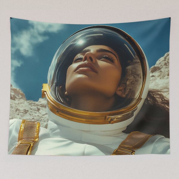 Item preview, A woman in a spacesuit gazes upward, surrounded by rocky terrain and a bright blue sky with wispy clouds, capturing a moment of exploration. designed and sold by anytka.