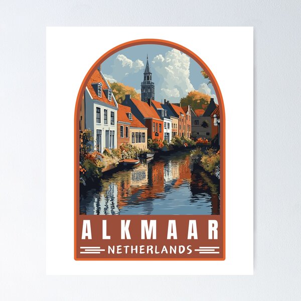 Aperçu de l'œuvre Alkmaar en Hollande du Nord Emblème d'art de voyage rétro créée et vendue par MaateoDesign.