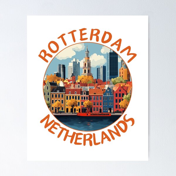 Aperçu de l'œuvre Rotterdam en Hollande méridionale (Pays-Bas) Paysage artistique de voyage rétro créée et vendue par MaateoDesign.