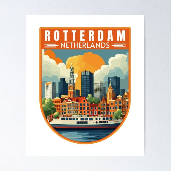 Aperçu de l'œuvre Badge d'art de voyage rétro de Rotterdam en Hollande méridionale (Pays-Bas) créée et vendue par MaateoDesign.