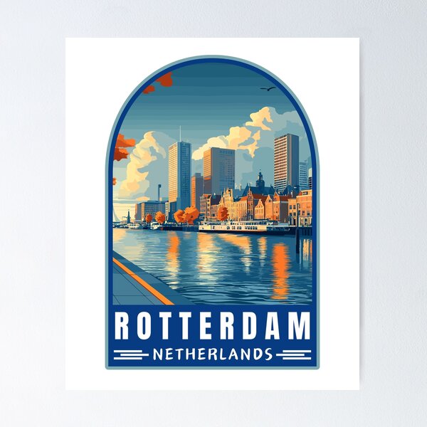 Aperçu de l'œuvre Rotterdam en Hollande méridionale (Pays-Bas) Emblème d'art de voyage rétro créée et vendue par MaateoDesign.