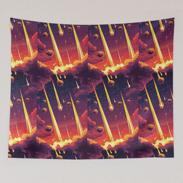 Item preview, Meteor Shower with Fiery Trails in Night Sky Asteroids Falling Through Clouds with Intense Light Dramatic Meteor Impact Scene in Space Art designed and sold by Anastasiia Yurevych.