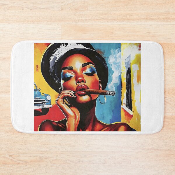 Item preview, Bold Woman with Vibrant Makeup Enjoys Cigar Amidst Retro Havana Vibes and Classic Car designed and sold by OlfactoART Studio.