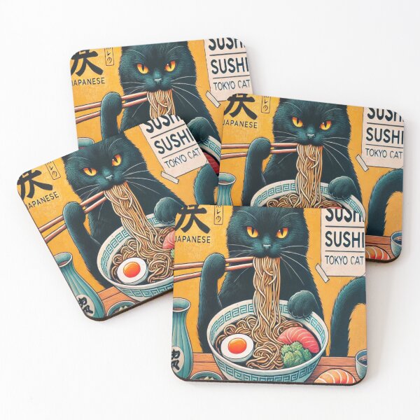 Aperçu de l'œuvre Chat noir mangeant des ramen créée et vendue par Creativnani.
