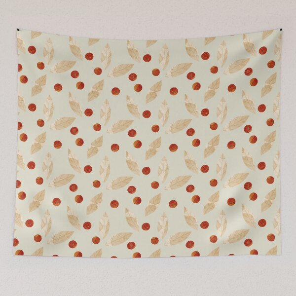 Item preview, Beige watercolor bay or eucalyptus leaves and orange berries botanical illustration on white background designed and sold by helga-wigandt.