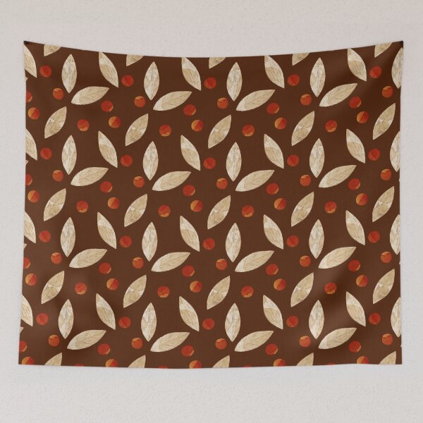 Item preview, Beige watercolor bay leaves and orange berries botanical illustration on chocolate background designed and sold by helga-wigandt.