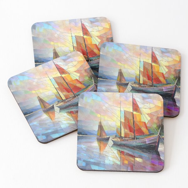 Item preview, BOATS in stained glass effect, muted Pastel OCEAN scene, boats in nature, watercolor colours designed and sold by navitalidesign.