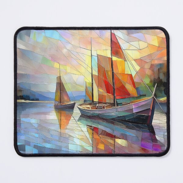 Item preview, BOATS in stained glass effect, muted Pastel OCEAN scene, boats in nature, watercolor colours designed and sold by navitalidesign.