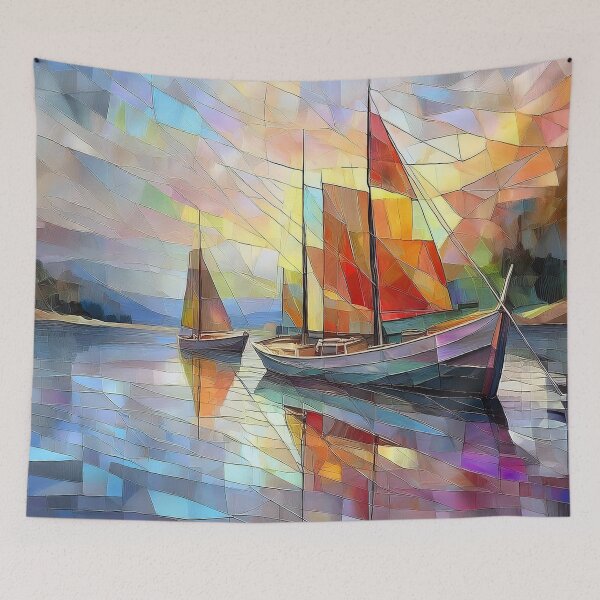 Item preview, BOATS in stained glass effect, muted Pastel OCEAN scene, boats in nature, watercolor colours designed and sold by navitalidesign.