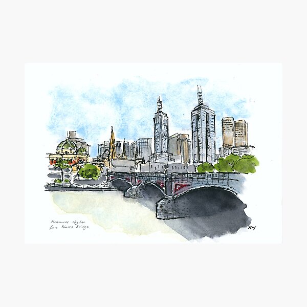 Item preview, Melbourne skyline from Princes Bridge designed and sold by rossmcsketching.