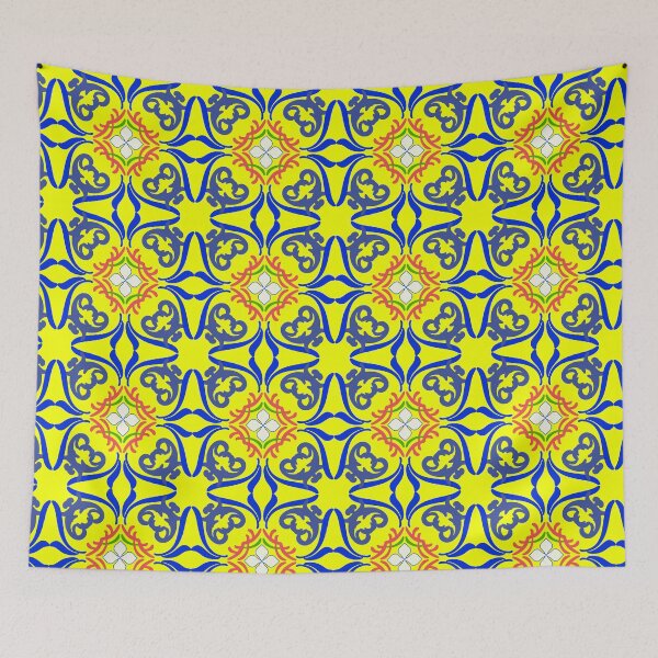 Item preview, Blue and yellow damask Turkish tiles and Spanish pottery pattern. designed and sold by RIYA SIRI.
