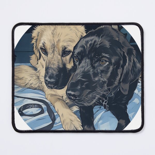 Aperçu de l'œuvre Un labrador noir et un pyrénéen se font des câlins créée et vendue par MaterialMonkey.