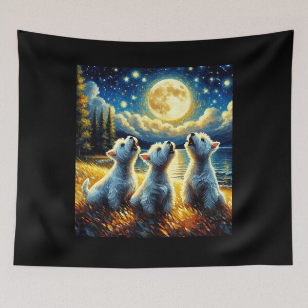 Item preview, Starry Night Three West Highland White Terriers Howling at Moon Dog Lover designed and sold by Kimberley King Art  King Art.